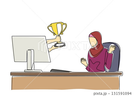 Single one line drawing hands out of the monitor screen while holding a trophy. True winners get recognition. Feeling of enthusiasm. Things from Screen. Continuous line design graphic illustration 131591094