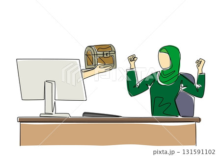 Single continuous line drawing hands out of the monitor screen while holding a treasure chest. Doing business and adventure for unique things. Things from Screen. One line design vector illustration 131591102