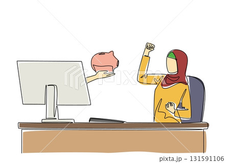 Single continuous line drawing hands out of the monitor screen while holding a piggy bank. Get additional capital for business expansion. Happy. Things from Screen. One line design vector illustration Single continuous line drawing hands out of the monitor screen while holding a piggy bank. Get additional capital for business expansion. Happy. Things from Screen. One line design vector illustration 131591106