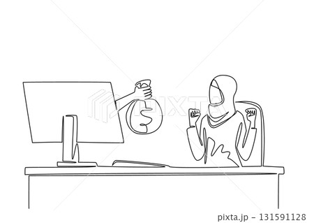Continuous one line drawing hands out of monitor screen while holding money bag. Fun business when profit is big. Feeling of enthusiasm. Things from Screen. Single line draw design vector illustration Continuous one line drawing hands out of monitor screen while holding money bag. Fun business when profit is big. Feeling of enthusiasm. Things from Screen. Single line draw design vector illustration 131591128