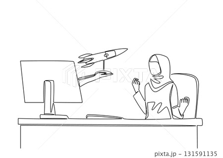 Continuous one line drawing hands out of the monitor screen while holding a  rocket. The hard worker who perseveres until she succeeds. Things from Screen. Single line draw design vector illustration 131591135
