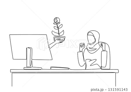 Single continuous line drawing hands out of the monitor screen while holding a money tree with dollar coin fruit. Investing patience pays off. Things from Screen. One line design vector illustration 131591143