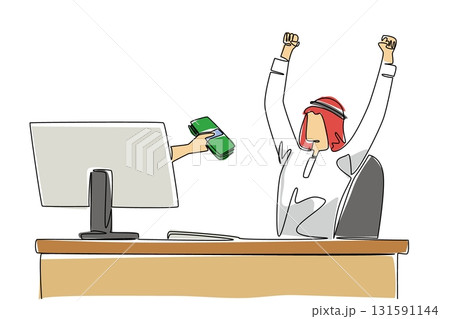 Continuous one line drawing hands coming out of monitor screen holding a stack of banknotes. Receive bonus for outstanding performance. Things from Screen. Single line draw design vector illustration 131591144