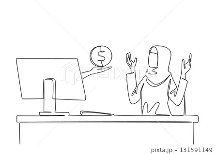 Single continuous line drawing hands out of the monitor screen while holding a penny. Little capital to be made maximum profit. Symbolization. Things from Screen. One line design vector illustration Single continuous line drawing hands out of the monitor screen while holding a penny. Little capital to be made maximum profit. Symbolization. Things from Screen. One line design vector illustration 131591149