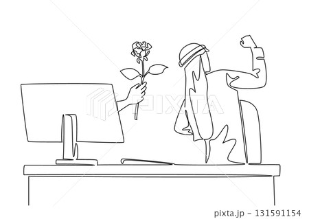 Single one line drawing hands out of the monitor screen while holding a rose flower. Happy to get the expected symbol of love. Romance. Things from Screen. Continuous line design graphic illustration 131591154