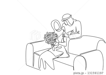 Continuous one line drawing an arab woman sitting on a sofa holding bouquet of flowers as a gift from her beloved husband. Happiness in marriage. Surprise. Single line draw design vector illustration Continuous one line drawing an arab woman sitting on a sofa holding bouquet of flowers as a gift from her beloved husband. Happiness in marriage. Surprise. Single line draw design vector illustration 131591197