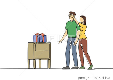 Single continuous line drawing a woman stands behind man covering the eyes of a man with both of hands. Happiness. Joy. Cheerful. Glad. With the beloved. Surprise. One line design vector illustration 131591198