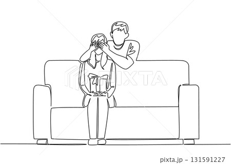 Single continuous line drawing a woman sits on a sofa holding a gift box. A husband who loves his wife very much. A gift that the lover really desires. Surprise. One line design vector illustration Single continuous line drawing a woman sits on a sofa holding a gift box. A husband who loves his wife very much. A gift that the lover really desires. Surprise. One line design vector illustration 131591227
