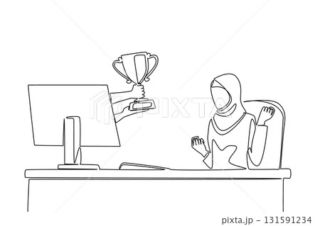 Single one line drawing hands out of the monitor screen while holding a trophy. True winners get recognition. Feeling of enthusiasm. Things from Screen. Continuous line design graphic illustration Single one line drawing hands out of the monitor screen while holding a trophy. True winners get recognition. Feeling of enthusiasm. Things from Screen. Continuous line design graphic illustration 131591234