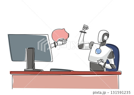 Single one line drawing hand of robot out from monitor screen holding a safe piggy bank. Budget for advanced artificial intelligence. Things from Screen. Continuous line design graphic illustration Single one line drawing hand of robot out from monitor screen holding a safe piggy bank. Budget for advanced artificial intelligence. Things from Screen. Continuous line design graphic illustration 131591235