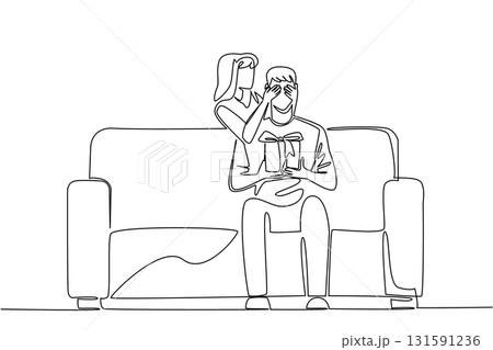 Continuous one line drawing a man sits on a sofa holding a gift box. The beloved wife gave a very interesting surprise. Romantic couple. Achieve. Surprise. Single line draw design vector illustration 131591236