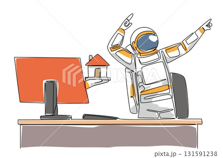 Continuous one line drawing hand of astronaut out of monitor screen while holding a miniature house. The joy of the expedition is over. Things from Screen. Single line draw design vector illustration Continuous one line drawing hand of astronaut out of monitor screen while holding a miniature house. The joy of the expedition is over. Things from Screen. Single line draw design vector illustration 131591238