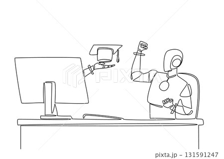 Single continuous line drawing hand of robot out of monitor screen while holding graduation cap. Addition of intelligence algorithms. Smartiest. Things from Screen. One line design vector illustration Single continuous line drawing hand of robot out of monitor screen while holding graduation cap. Addition of intelligence algorithms. Smartiest. Things from Screen. One line design vector illustration 131591247