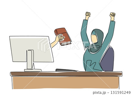Single one line drawing hands out of the monitor screen while holding a thick book. Career journey book. Success in building a business. Things from Screen. Continuous line design graphic illustration Single one line drawing hands out of the monitor screen while holding a thick book. Career journey book. Success in building a business. Things from Screen. Continuous line design graphic illustration 131591249