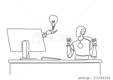Single continuous line drawing hand of robot out of monitor screen while holding a bulb lamp. Innovation that generates artificial intelligence. Things from Screen. One line design vector illustration 131591250