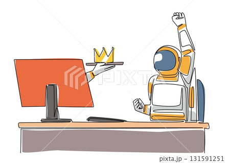 Continuous one line drawing hand of astronaut out of monitor screen while holding a crown. Legitimacy as the most successful astronaut. Things from Screen. Single line draw design vector illustration Continuous one line drawing hand of astronaut out of monitor screen while holding a crown. Legitimacy as the most successful astronaut. Things from Screen. Single line draw design vector illustration 131591251