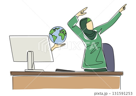 Continuous one line drawing hands out of the monitor screen while holding a globe. Get a bigger business network. Celebrating success. Things from Screen. Single line draw design vector illustration 131591253