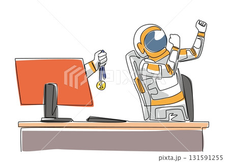 Single continuous line drawing hand of astronaut out of monitor screen while holding a medal. A government service award. Proud. Enthusiastic. Things from Screen. One line design vector illustration 131591255