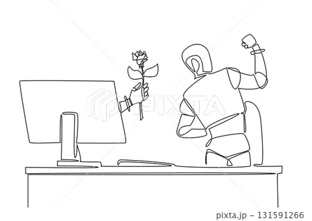 Continuous one line drawing hand of robot out of monitor screen while holding a rose flower. Artificial intelligence generates empathy. Things from Screen. Single line draw design vector illustration 131591266
