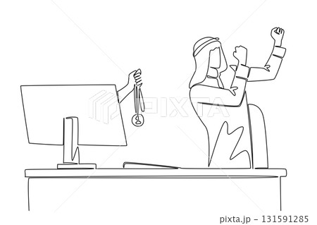 Single one line drawing hands out of the monitor screen while holding a medal. Ambition. Creativity. Smart worker. Become number one. Things from Screen. Continuous line design graphic illustration 131591285