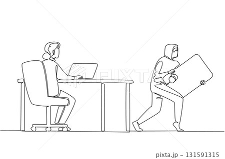 Continuous one line drawing grandma typing on laptop and thief taking credit card from behind screen. Hacking. Data. National Senior Fraud Awareness Day. Single line draw design vector illustration 131591315