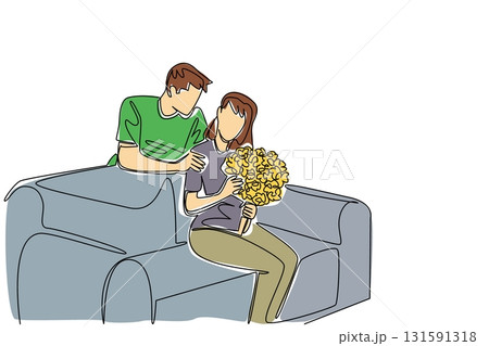 Single continuous line drawing a woman sitting on a sofa holding a bouquet of flowers. Beautiful and fragrant flowers. Description for the beloved wife. Surprise. One line design vector illustration 131591318