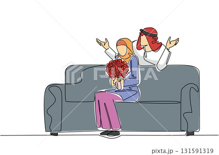 Single one line drawing an arab man standing behind an arab woman sitting on sofa holding bouquet of flowers. Start the day with little surprise. Surprise. Continuous line design graphic illustration Single one line drawing an arab man standing behind an arab woman sitting on sofa holding bouquet of flowers. Start the day with little surprise. Surprise. Continuous line design graphic illustration 131591319