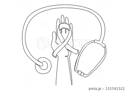 Continuous one line drawing stethoscope wrapped around hand with blue band on palm. Doctors advise to increase awareness. National Tuberous Sclerosis Day. Single line draw design vector illustration Continuous one line drawing stethoscope wrapped around hand with blue band on palm. Doctors advise to increase awareness. National Tuberous Sclerosis Day. Single line draw design vector illustration 131591322