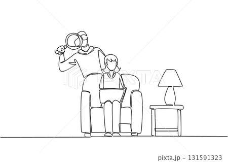 Continuous one line drawing grandma sit on sofa hold laptop with thief using magnifier behind. Silent data theft. National Senior Fraud Awareness Day. Single line draw design vector illustration Continuous one line drawing grandma sit on sofa hold laptop with thief using magnifier behind. Silent data theft. National Senior Fraud Awareness Day. Single line draw design vector illustration 131591323