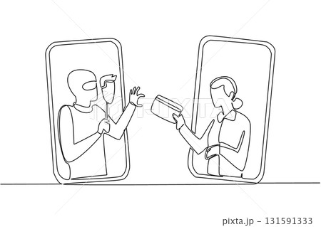 Single continuous line drawing grandma out of her smartphone and hands her credit card to a masked thief. Duplication. Fake. National Senior Fraud Awareness Day. One line design vector illustration Single continuous line drawing grandma out of her smartphone and hands her credit card to a masked thief. Duplication. Fake. National Senior Fraud Awareness Day. One line design vector illustration 131591333