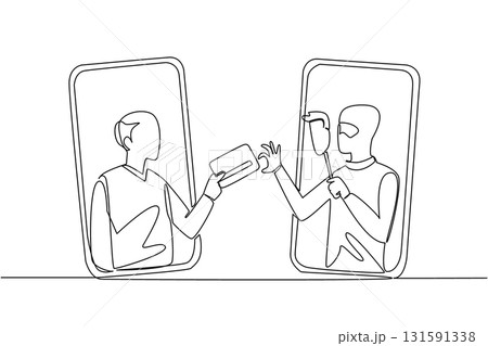 Single one line drawing grandpa out of his smartphone and hands his credit card to a masked thief. Camouflage. Crime. National Senior Fraud Awareness Day. Continuous line design graphic illustration Single one line drawing grandpa out of his smartphone and hands his credit card to a masked thief. Camouflage. Crime. National Senior Fraud Awareness Day. Continuous line design graphic illustration 131591338