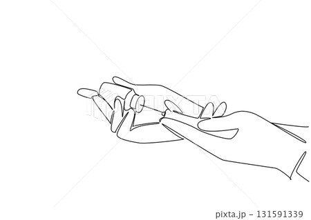 Continuous one line drawing blue gloved hand filling a syringe from a vaccine vial. Measuring the best dose. Curing viruses. National Safety Dose Day. Single line draw design vector illustration 131591339