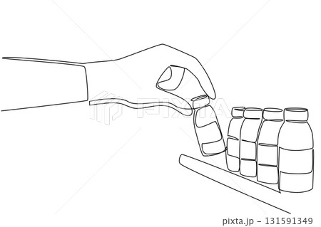 Continuous one line drawing blue gloved hand is taking a vaccine bottle. Vaccine stocks are dwindling. Preventing the virus. National Safety Dose Day. Single line draw design vector illustration Continuous one line drawing blue gloved hand is taking a vaccine bottle. Vaccine stocks are dwindling. Preventing the virus. National Safety Dose Day. Single line draw design vector illustration 131591349