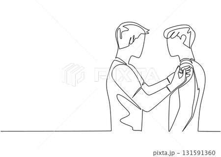 Single continuous line drawing male doctor is injecting a male patient. Giving the first vaccine. Dangerous corona virus. Live healthier. National Safety Dose Day. One line design vector illustration 131591360