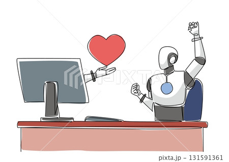Single continuous line drawing hand of robot out of monitor screen while holds love. Artificial intelligence generates feelings from the heart. Things from Screen. One line design vector illustration 131591361