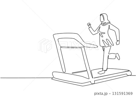 Single one line drawing Arab woman in hijab running on treadmill with heart impulse. Busy. Exercise. Stay healthy. National Employee Health and Fitness Day. Continuous line design graphic illustration Single one line drawing Arab woman in hijab running on treadmill with heart impulse. Busy. Exercise. Stay healthy. National Employee Health and Fitness Day. Continuous line design graphic illustration 131591369