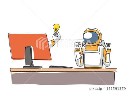 Continuous one line drawing hand of astronaut out of monitor screen while holding a bulb lamp. Get brilliant ideas about expeditions. Things from Screen. Single line draw design vector illustration Continuous one line drawing hand of astronaut out of monitor screen while holding a bulb lamp. Get brilliant ideas about expeditions. Things from Screen. Single line draw design vector illustration 131591379