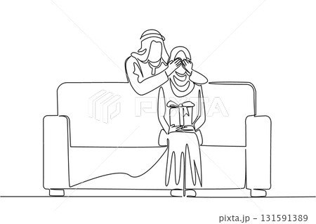 Single one line drawing an arab woman sitting on a sofa holding a gift box. A simple surprise full of meaning from the beloved husband. Gift. Surprise. Continuous line design graphic illustration 131591389