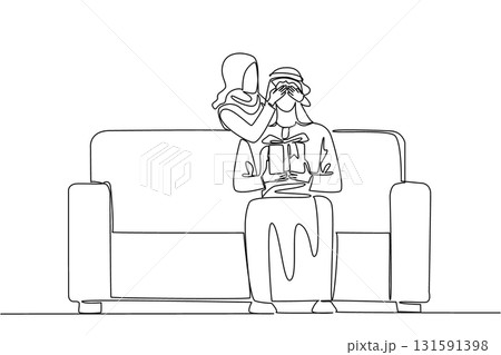 Single one line drawing an arab man sitting on a sofa holding a gift box. There is always a way to create happiness. Love. Care. Perfect couple. Surprise. Continuous line design graphic illustration Single one line drawing an arab man sitting on a sofa holding a gift box. There is always a way to create happiness. Love. Care. Perfect couple. Surprise. Continuous line design graphic illustration 131591398