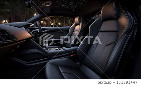 スポーツカーの黒革シートと車内全体の様子 131591447