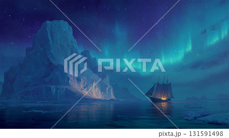 オーロラが照らす氷山と帆船夜景 オーロラが照らす氷山と帆船夜景 131591498