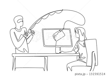 Single continuous line drawing woman typing and thief fishing for credit card from top of screen. Weak security. Hacker. Crime. National Senior Fraud Awareness Day. One line design vector illustration Single continuous line drawing woman typing and thief fishing for credit card from top of screen. Weak security. Hacker. Crime. National Senior Fraud Awareness Day. One line design vector illustration 131591514