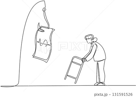 Continuous one line drawing grandma chasing a hook with a dollar bill attached to it. Tempted by fake investments. National Senior Fraud Awareness Day. Single line draw design vector illustration Continuous one line drawing grandma chasing a hook with a dollar bill attached to it. Tempted by fake investments. National Senior Fraud Awareness Day. Single line draw design vector illustration 131591526