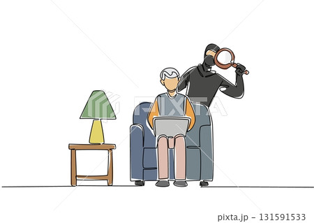 Single continuous line drawing grandpa sit on the sofa hold laptop with a thief using a magnifier behind. Not safe. Secureles. National Senior Fraud Awareness Day. One line design vector illustration 131591533