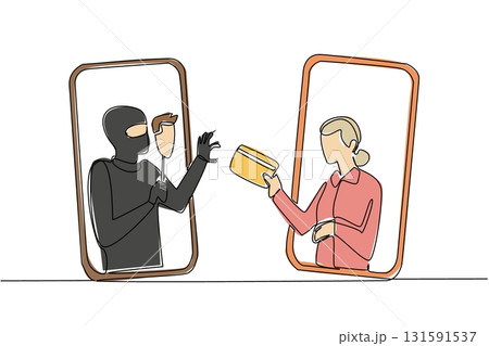 Single continuous line drawing grandma out of her smartphone and hands her credit card to a masked thief. Duplication. Fake. National Senior Fraud Awareness Day. One line design vector illustration Single continuous line drawing grandma out of her smartphone and hands her credit card to a masked thief. Duplication. Fake. National Senior Fraud Awareness Day. One line design vector illustration 131591537
