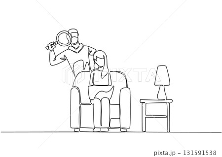 Continuous one line drawing woman sitting on sofa holds laptop and thief using magnifier. Secretly observing and hack. National Senior Fraud Awareness Day. Single line draw design vector illustration 131591538