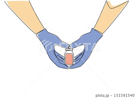 Single one line drawing 2 hands forming a heart while holding vaccine bottle. Inject the vaccine according to the dosage. Health. National Safety Dose Day. Continuous line design graphic illustration Single one line drawing 2 hands forming a heart while holding vaccine bottle. Inject the vaccine according to the dosage. Health. National Safety Dose Day. Continuous line design graphic illustration 131591540