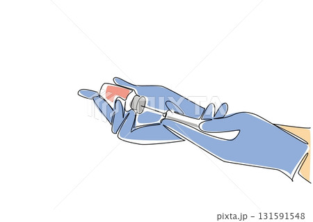 Continuous one line drawing blue gloved hand filling a syringe from a vaccine vial. Measuring the best dose. Curing viruses. National Safety Dose Day. Single line draw design vector illustration 131591548