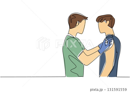 Single continuous line drawing male doctor is injecting a male patient. Giving the first vaccine. Dangerous corona virus. Live healthier. National Safety Dose Day. One line design vector illustration 131591559
