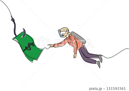 Single continuous line drawing grandma dives and chases hook with dollar bills attached. Illegal investments very detrimental. National Senior Fraud Awareness Day. One line design vector illustration Single continuous line drawing grandma dives and chases hook with dollar bills attached. Illegal investments very detrimental. National Senior Fraud Awareness Day. One line design vector illustration 131591561